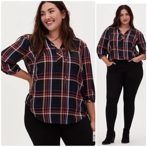 Torrid Plaid Rayon Twill Tie Neck Peasant Top Shirt Black Womens Plus Size 2X 2